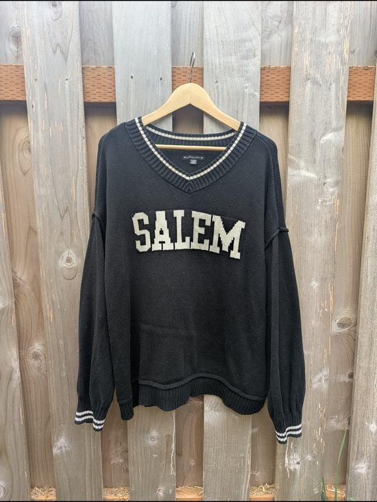 American Eagle Outfitters Sweaters - American Eagle Outfitters Black V-Neck Sweater with Cream 'SALEM' Lettering